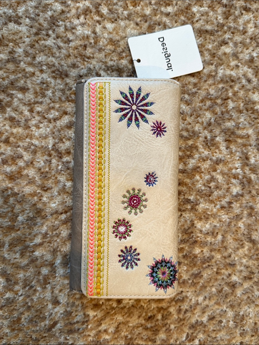 Desigual Cream Embroidered Floral Zip Wallet with Multicolor Accents